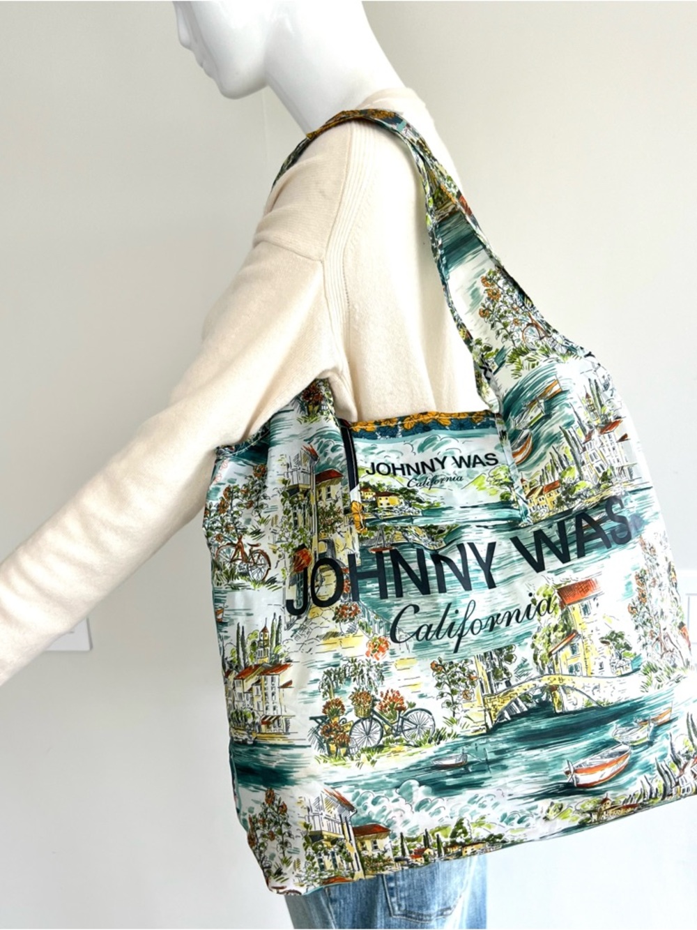 JOHNNY WAS Reusable Shopping Multicolor Lake Print Nylon Lightweight Tote Bag